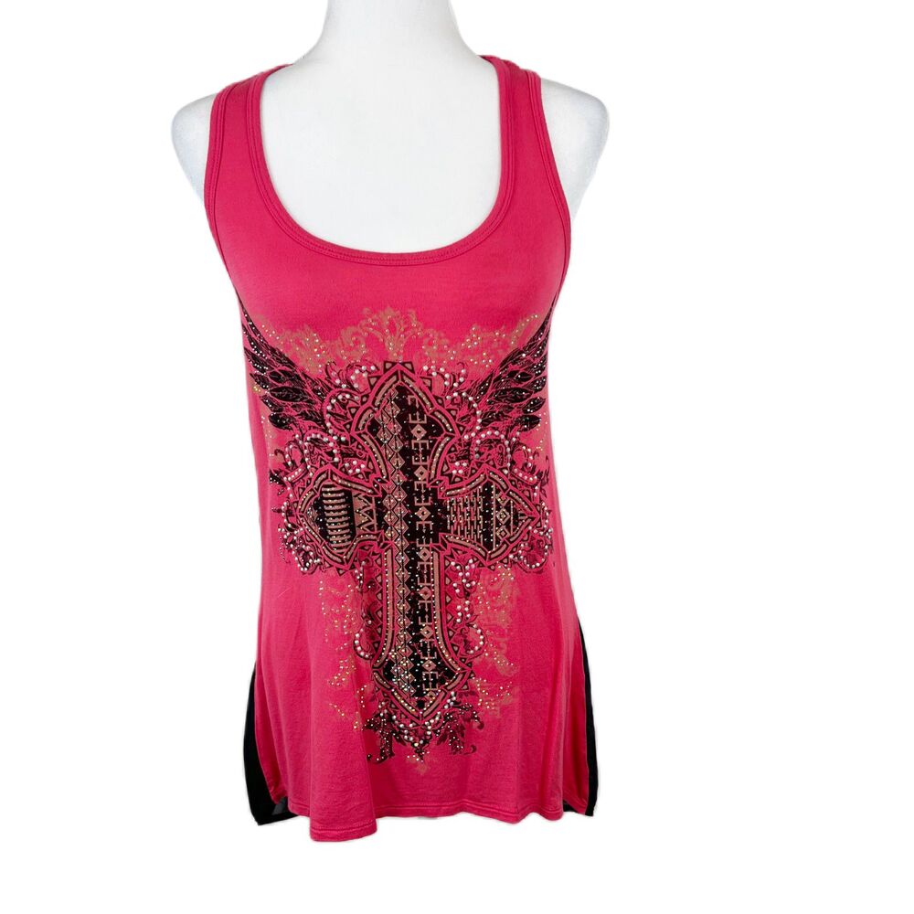Edin Tank Top Women Medium Pink Black Cross Wings Embellish Racerback Mesh Back